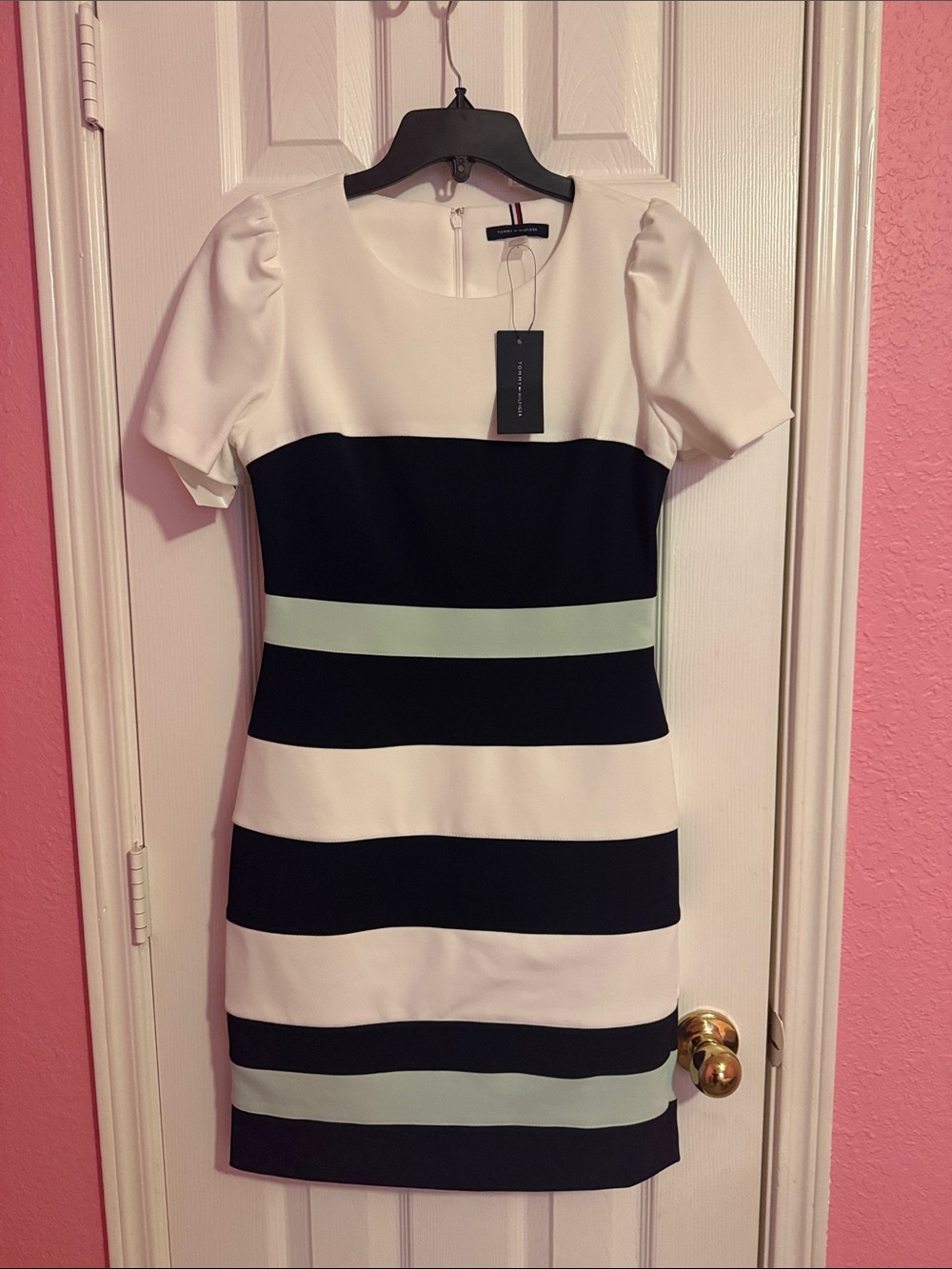 Tommy Hilfiger White, Black & Mint Striped Mini Dress